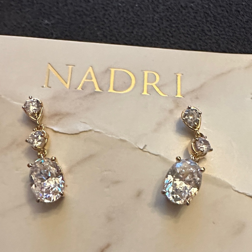 Nadri Gold-Tone Oval Drop Earrings with Clear Stones
